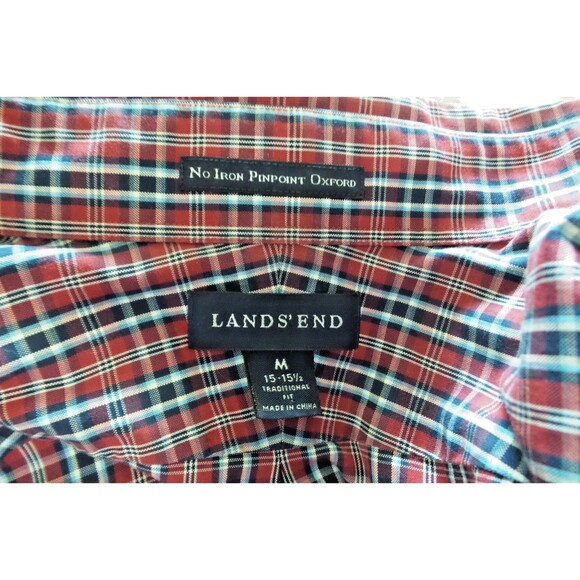 Lands End Shirt Mens Medium Blue Red Plaid Long Sleeve Button Front - Picture 2 of 12